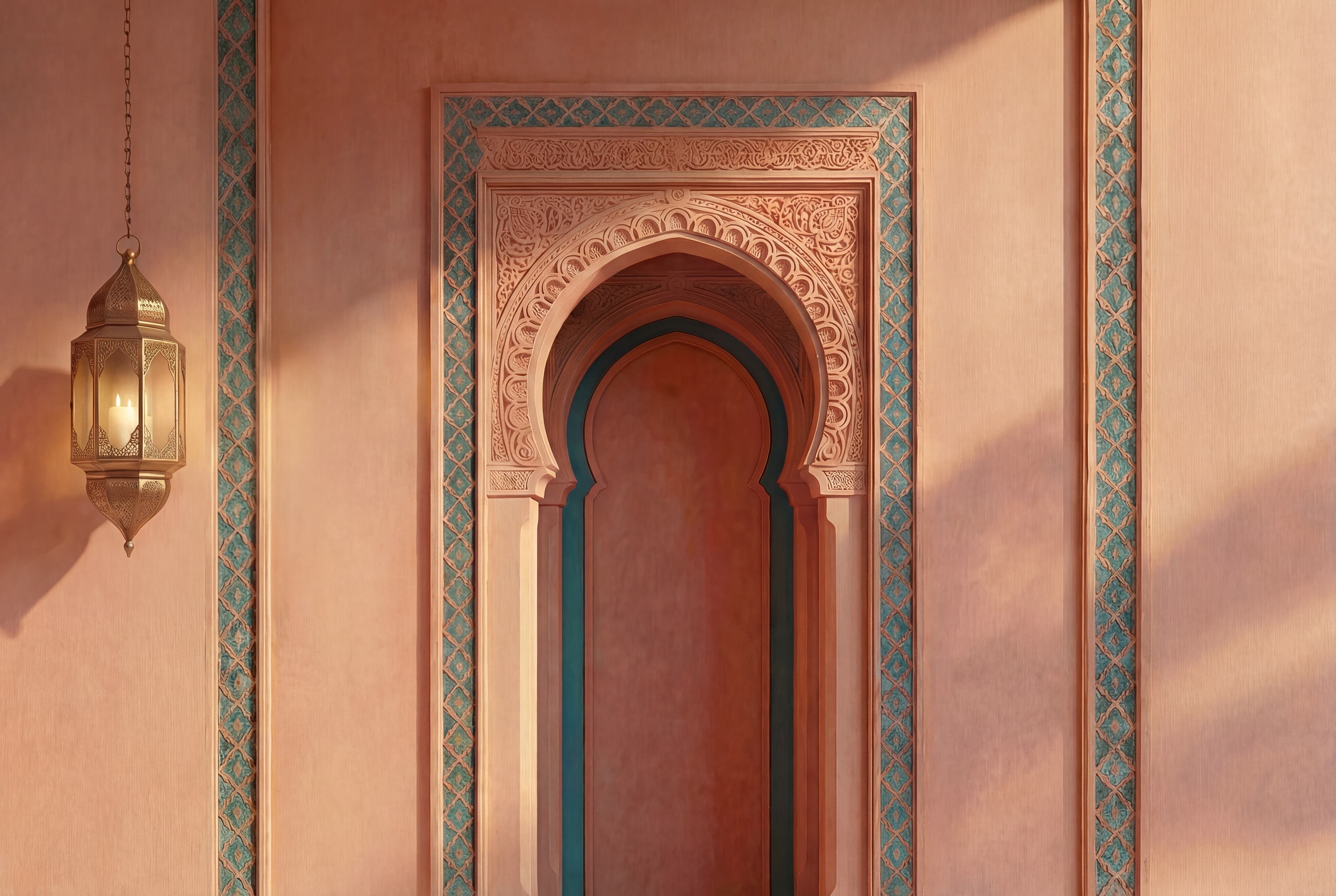 Moroccan arch with zellige tiles and brass lantern